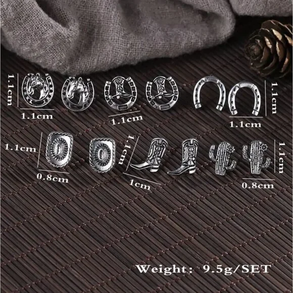 Western Cowgirl Bohemian Antique Silver Plated Horseshoes Cowboy Stud Earrings - Picture 3 of 4